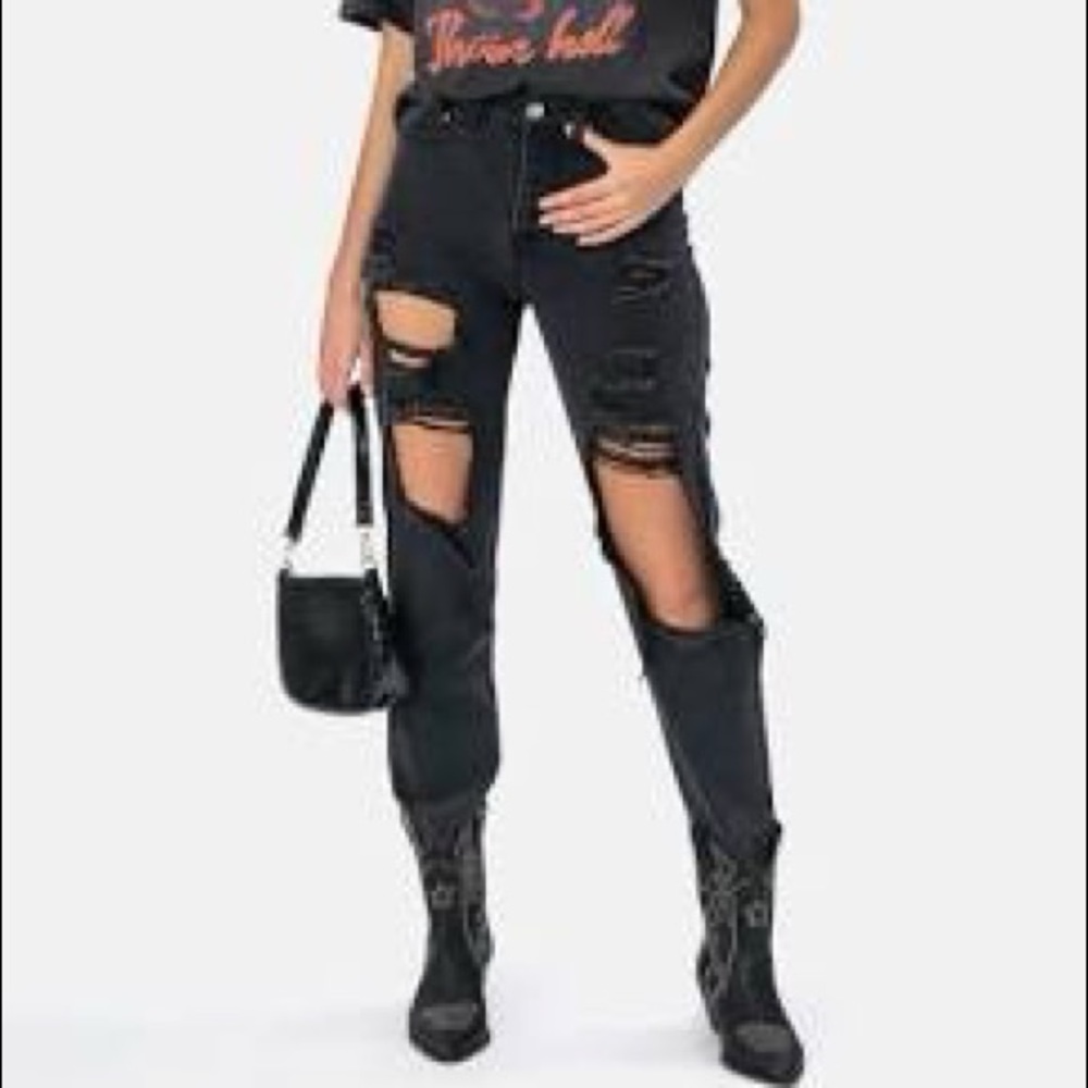 Distressed black mom jeans